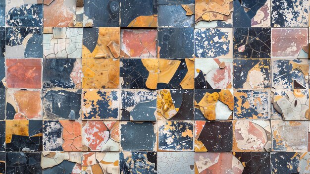 Photo weathered ceramic tiles in a variety of colors and patterns the tiles are cracked and chipped giving them a distressed look