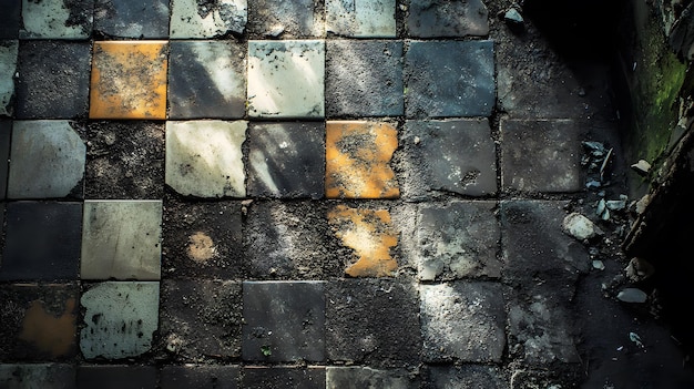 Weathered Checkerboard Tile Floor with Cracks and Missing Pieces