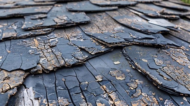 Photo weathered and cracked black shingles on an old roof