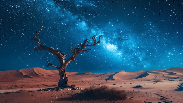 Weathered Desert Tree Under Starry Night Sky with Sand Dunes