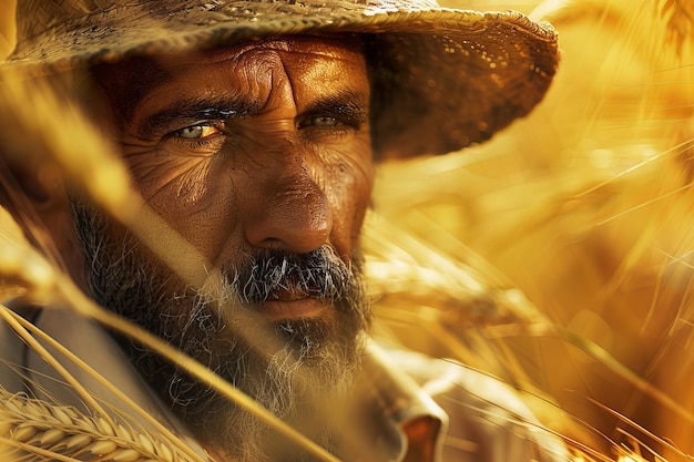 Weathered farmer gazing through golden wheat