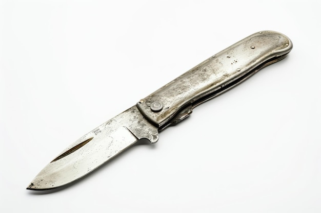 Photo a weathered folding knife resting on a surface showcasing its unique design and vintage character under bright lighting