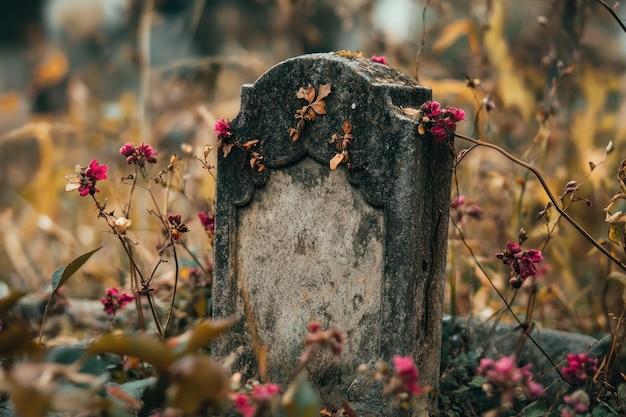 Photo weathered gravestone with pink flowers in a cemetery