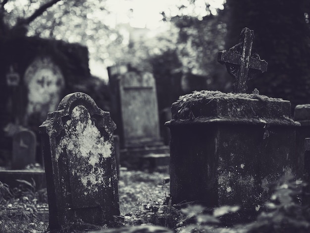 Weathered Gravestones in a Tranquil Cemetery