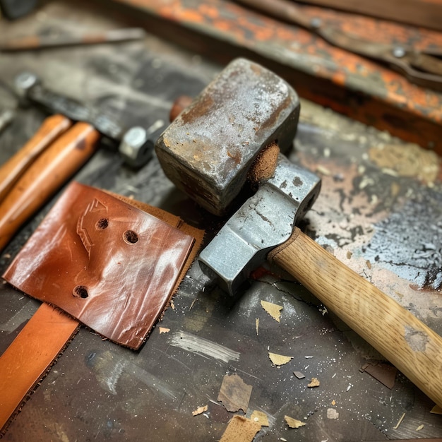 A weathered hammer rests on a workbench with leather tooling and shavings scattered around it