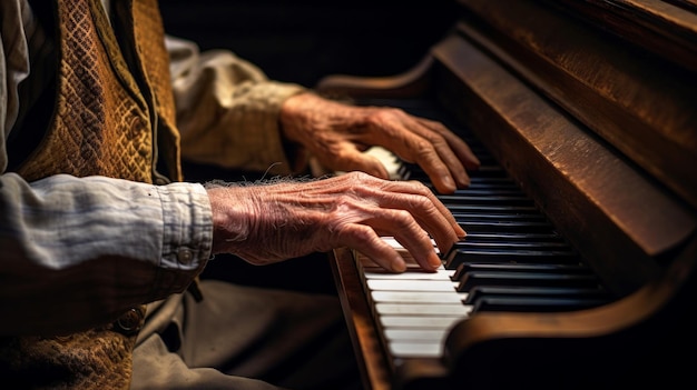 Weathered hands elderly pianist antique piano nostalgia memories stir