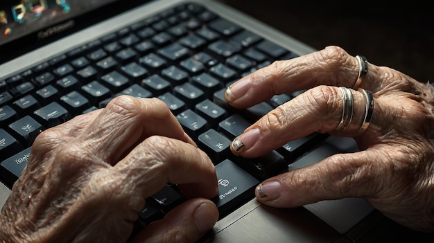 Weathered Hands Typing on Modern Keyboard