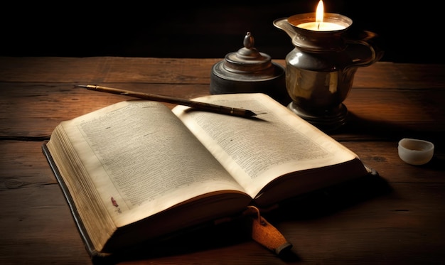 Weathered inkwell and candle on antique table with book Creating using generative AI tools