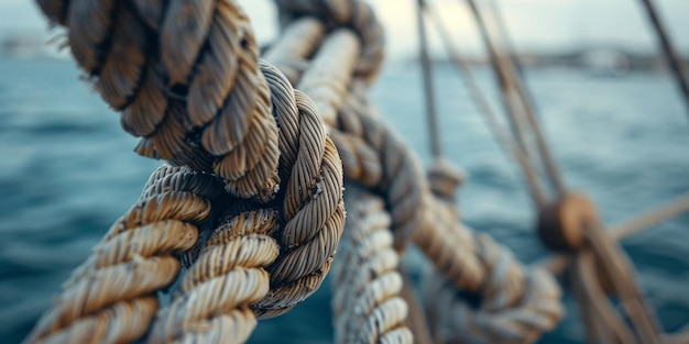 Photo weathered marine ropes in port worn vessel cordage large maritime grimy tattered ivory ropes backdrop focused on selected cords detailed dirty pattern