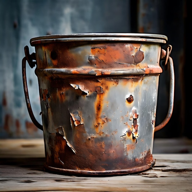 Photo weathered metal bucket with dents and rust generative ai