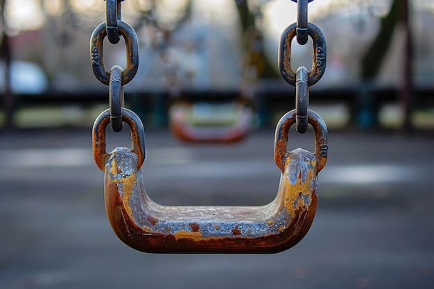 A weathered metal swing suspended by a chain showing signs of rust and age An object that is swung and lifted to improve physical fitness