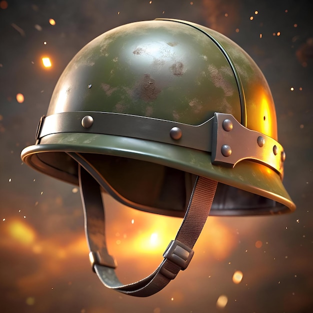 A weathered military helmet a symbol of courage and protection against a dramatic backdrop of smoke and fire