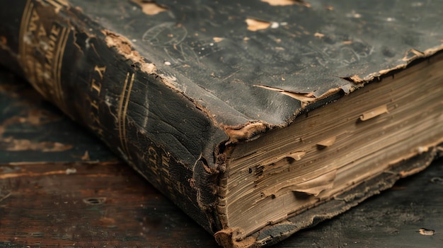 Photo a weathered old book sits on a wooden table the book is black with gold lettering and has a tattered spine the pages are yellowed and brittle