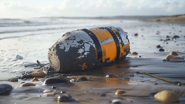 A weathered orange buoy washed up on a sandy beach surrounded by rocks and seafoam