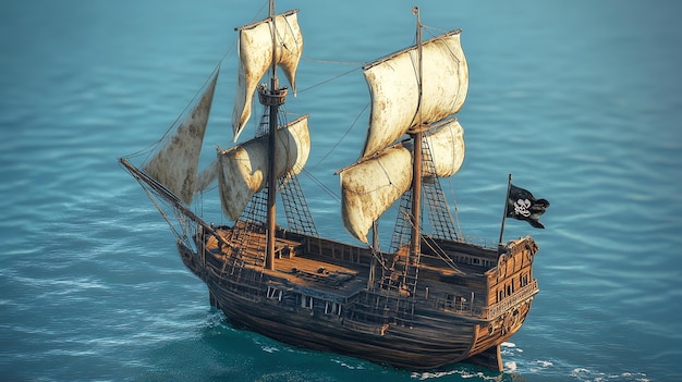 Photo a weathered pirate ship sails on a calm blue ocean with a skull and crossbones flag flying