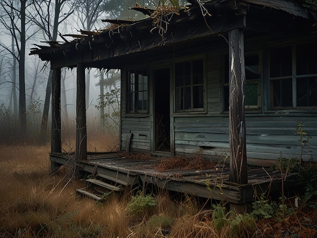 Photo the weathered ramshackle cabin barely visible through the fog is a stark reminder of the fleeting