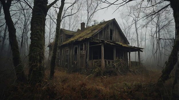 The weathered ramshackle cabin barely visible through the fog is a stark reminder of the fleeting