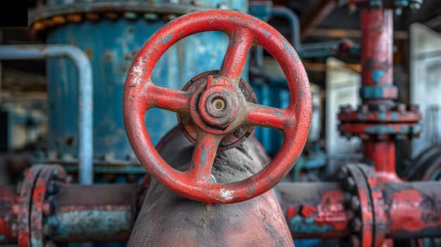 Weathered red valve wheel attached to a rusty industrial pipeline system