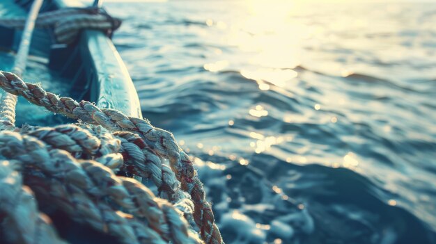 Photo a weathered rope coiled on the side of a boat with the sun reflecting off the gentle waves of the open sea evoking themes of adventure and calm