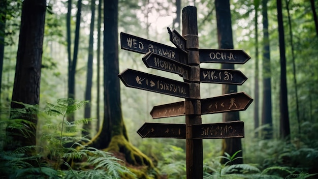 Photo weathered signpost in a dense forest with arrows pointing in different directions