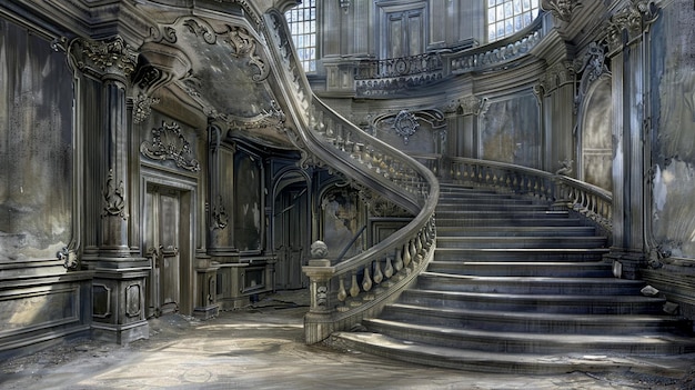 A weathered staircase leading up to a crumbling abandoned buildi