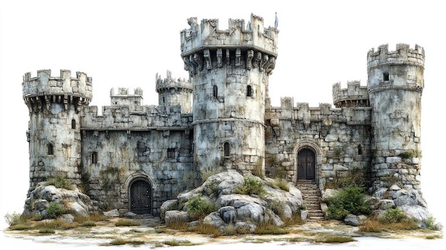 A weathered stone castle with towers and rocky surroundings