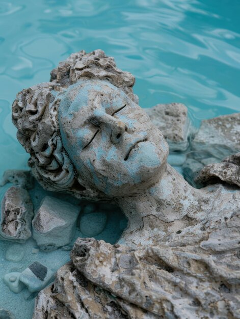 Photo weathered stone face sculpture in turquoise water