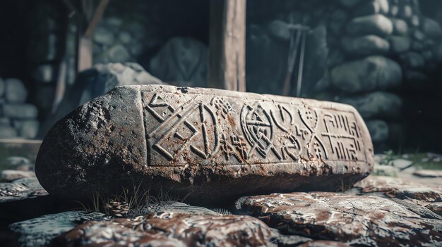 Photo a weathered stone tablet with ancient symbols etched into it rests on a rocky ground