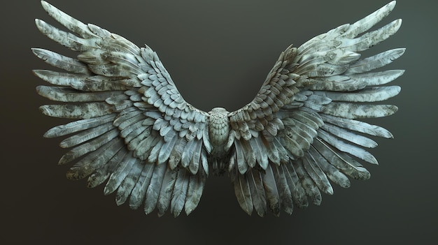 Weathered and timeworn angel wings made of stone or concrete with a rough texture and a dark background