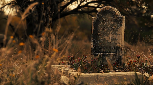 Photo a weathered tombstone stands in a overgrown field the stone iswith the words in loving memory