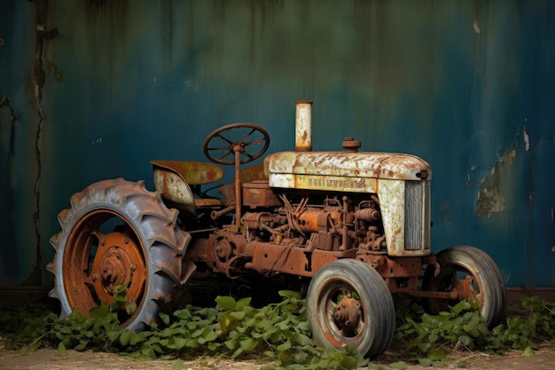 Weathered tractor with peeling paint and rust created with generative ai