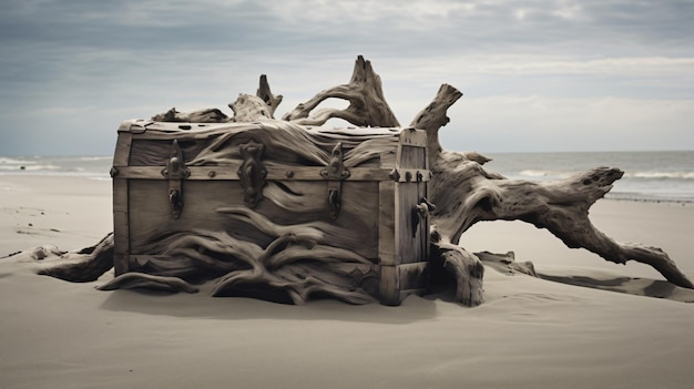 Weathered trunk on windy beach sand