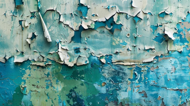 Weathered wall abstract background with peeling paint and bluegreen splashes