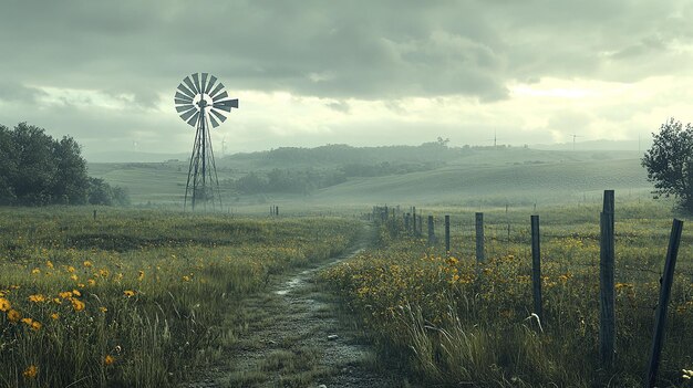 Weathered Windmill in a Foggy Field with Rainy Atmosphere