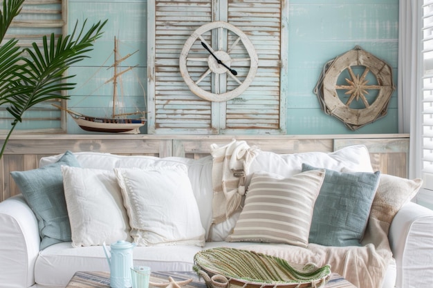 Photo weathered wood coastal clock above a cozy sofa