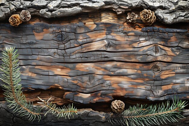 Photo weathered wood panel decoration with pine cones