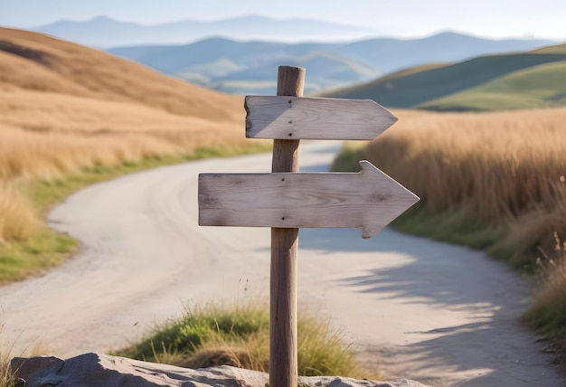 Photo weathered wooden directional sign post with a blurred background of rolling hills or hills