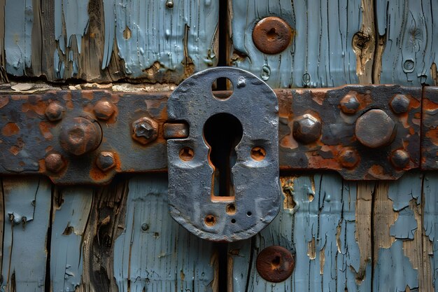 Photo weathered wooden door with rusty lock closeup antique rustic textured background for design