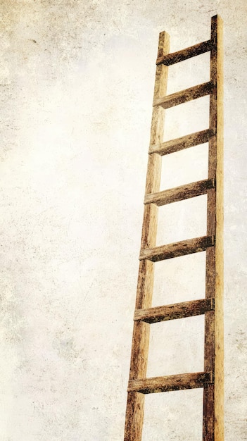 Photo a weathered wooden ladder leans against a textured backdrop inviting a journey upwards