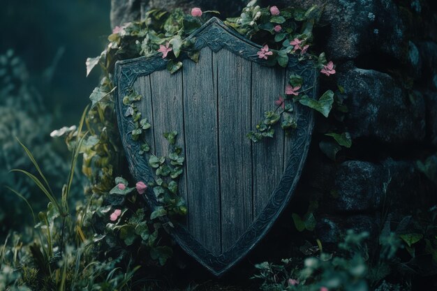 Photo weathered wooden shield adorned with ivy and flowers against a stone backdrop in a serene forest