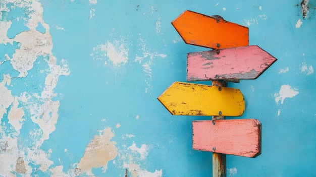 Photo a weathered wooden signpost with multiple arrows pointing in different directions symbolizing