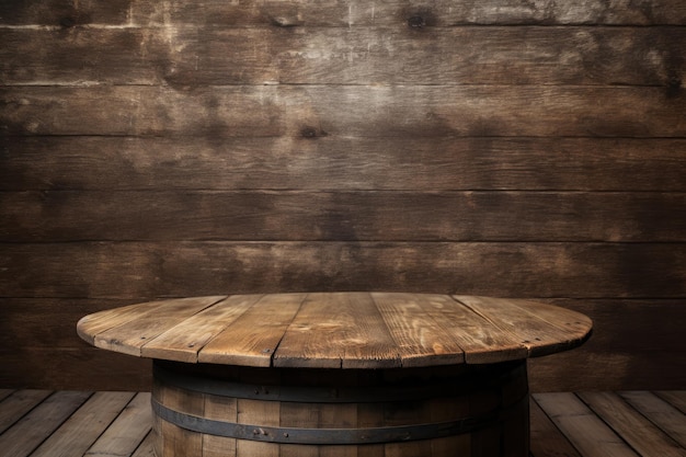 weathered wooden table and barrel backdrop