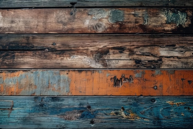 Weathered wooden wall with chipped paint up close created with Generative AI technology