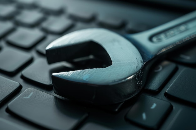 Photo a weathered wrench rests diagonally on a keyboard symbolizing the integration of mechanical tools within a digital workspace