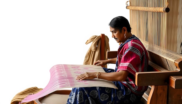 Photo a weaver at a handloom creating intricate fabric designs representing the ancient art of indian