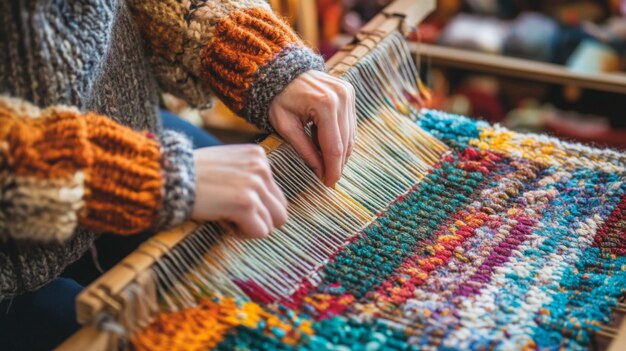 Photo weaving colorful threads on a loom in a cozy workshop during the day