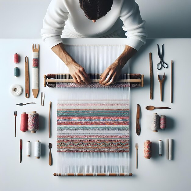 Photo weaving a textile on a small loom the colorful threads intertwine creating a patterned fabric