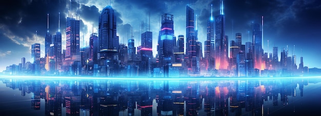 Web banner of city with highrise buildings made up of bright neon