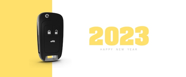 Web banner, cover, car key, and 2022 year ending and new year 2023. The concept of the new year