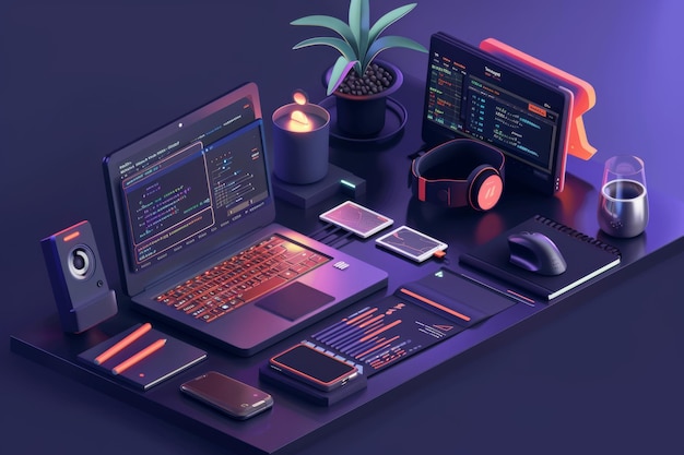 Web Dev Design in 3D Vector Illustration Laptop Phone Coding Tools